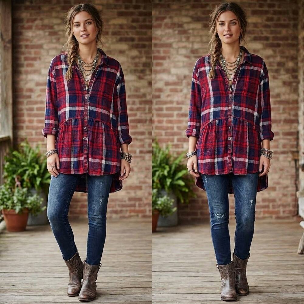 Free People Easy Street Plaid Shirt Womens Large Red Blue Flannel Tunic Boho